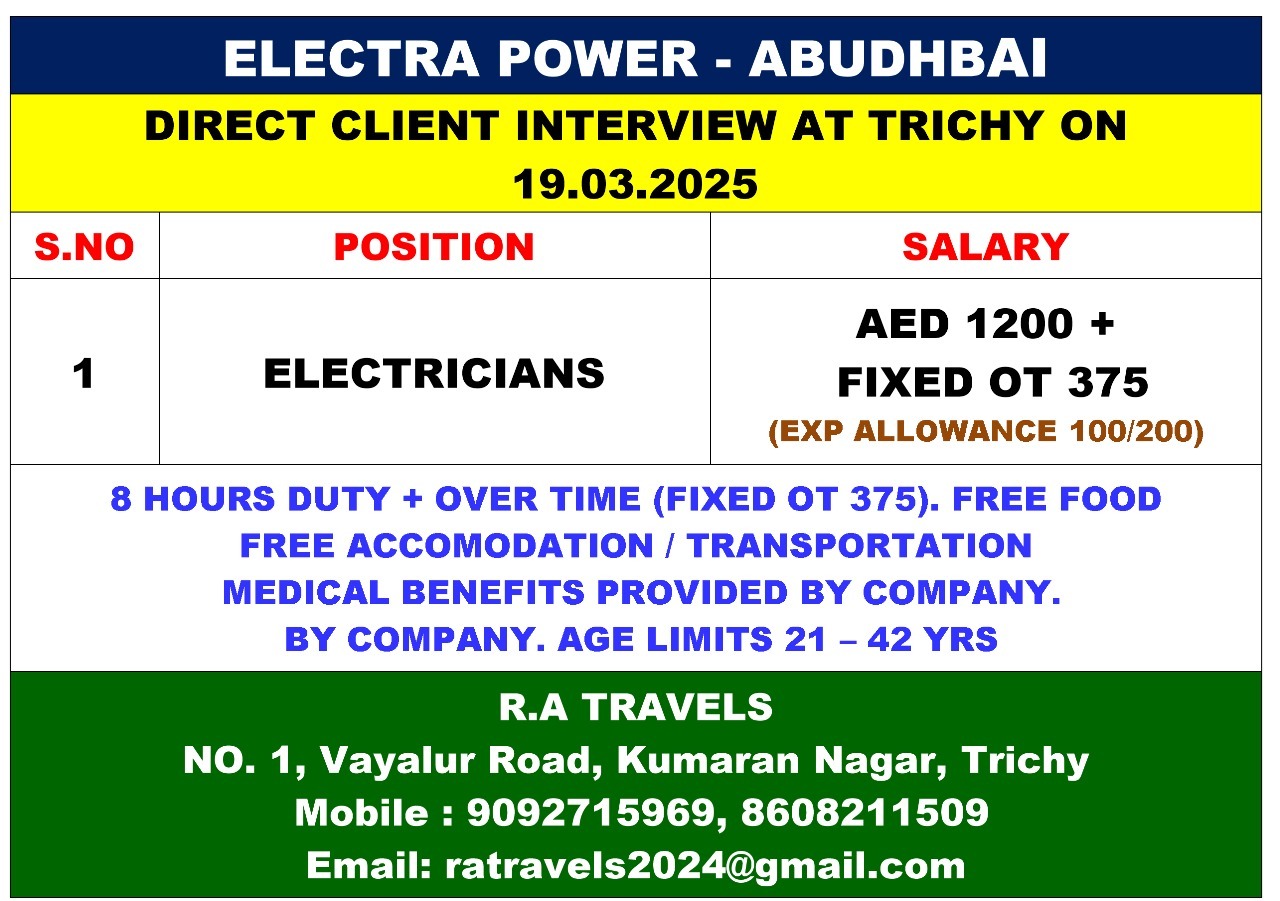 HIRING FOR ELECTRICIANS JOB IN ABUDHABI