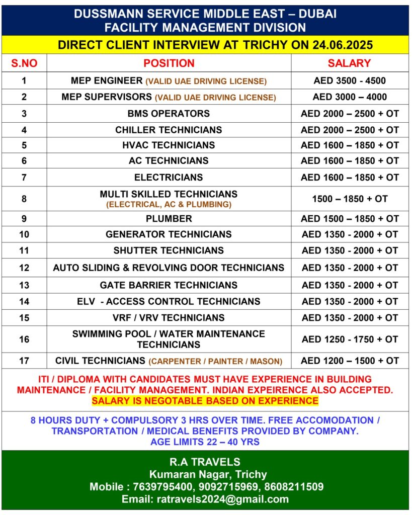 HIRING FOR DUSSMANN SERVICE MIDDLE EAST IN DUBAI