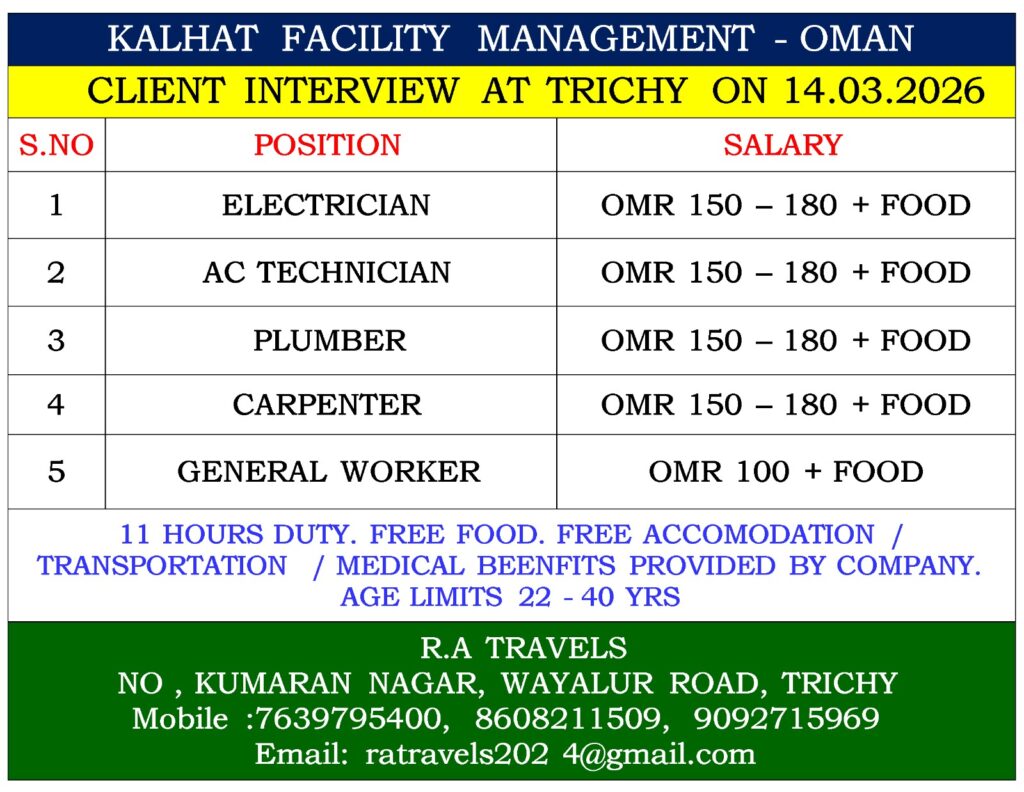 WE ARE HIRING FOR KALHAT FACILITY MANAGEMENT OMAN