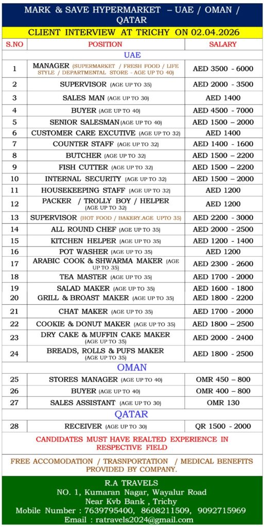 WE ARE HIRING MARK & SAVE HYPERMARKET IN UAE / OMAN / QATAR