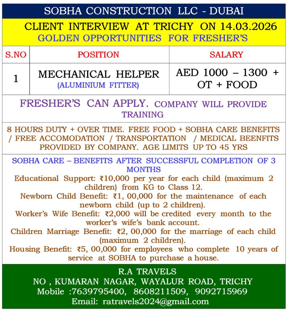 WE ARE HIRING FOR SOBHA CONSTRUCTION LLC IN DUBAI