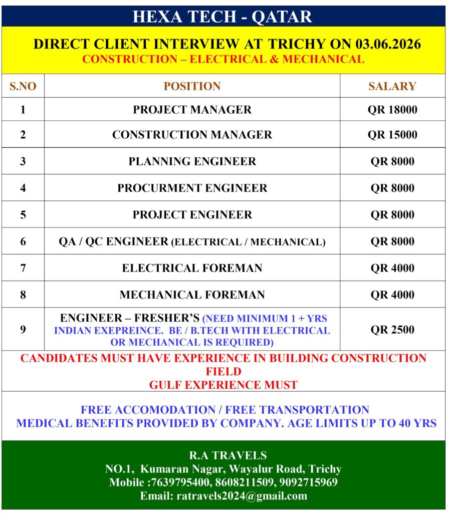 Qatar construction job vacancies poster for Hexa Tech featuring direct client interview in Trichy on 03.06.2026