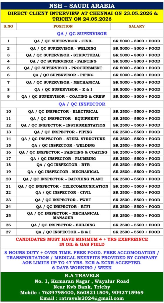 WE ARE HIRING FOR NSH IN SAUDI ARABIA