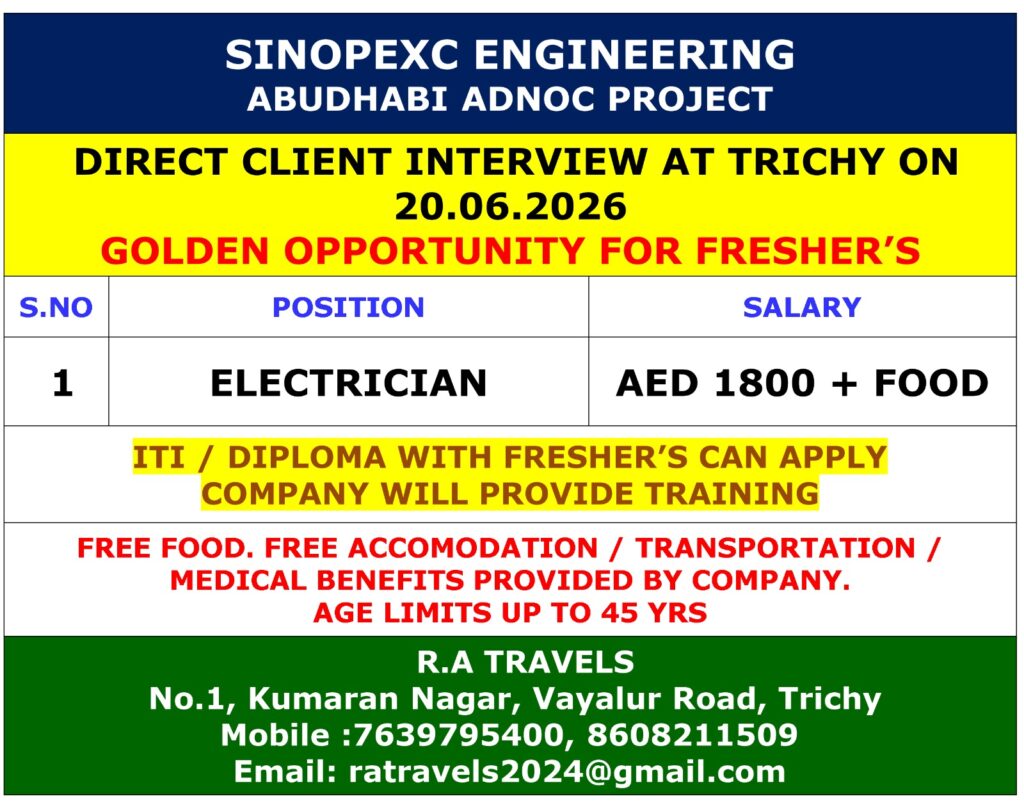 Sinopexc Engineering Abu Dhabi ADNOC Project Jobs 2026 Electrician Vacancies for Freshers
