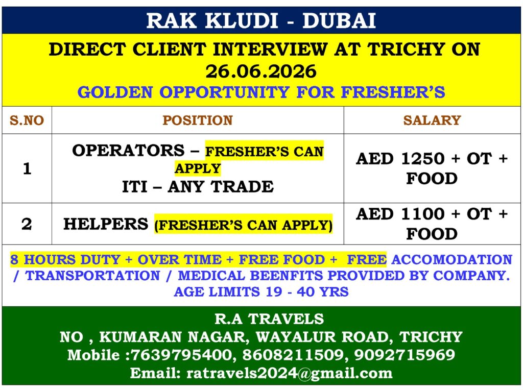 RAK Kludi Dubai Jobs 2026 – Freshers Hiring for Operators and Helpers | Direct Interview in Trichy