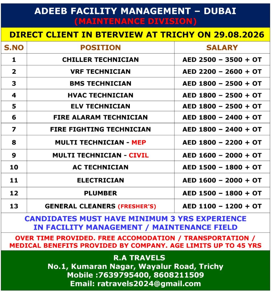 Adeeb Facility Management Dubai Jobs 2026 Trichy Interview