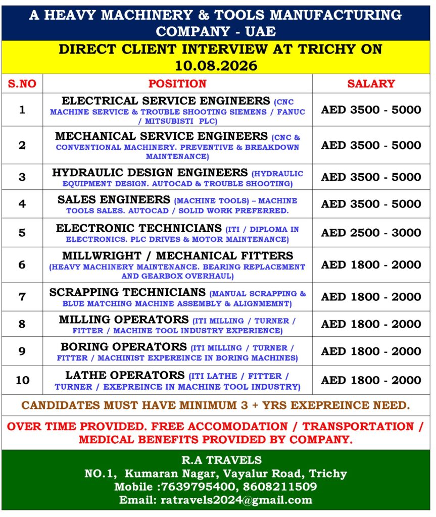UAE Heavy Machinery Jobs | Trichy Interview 10 Aug 2026
