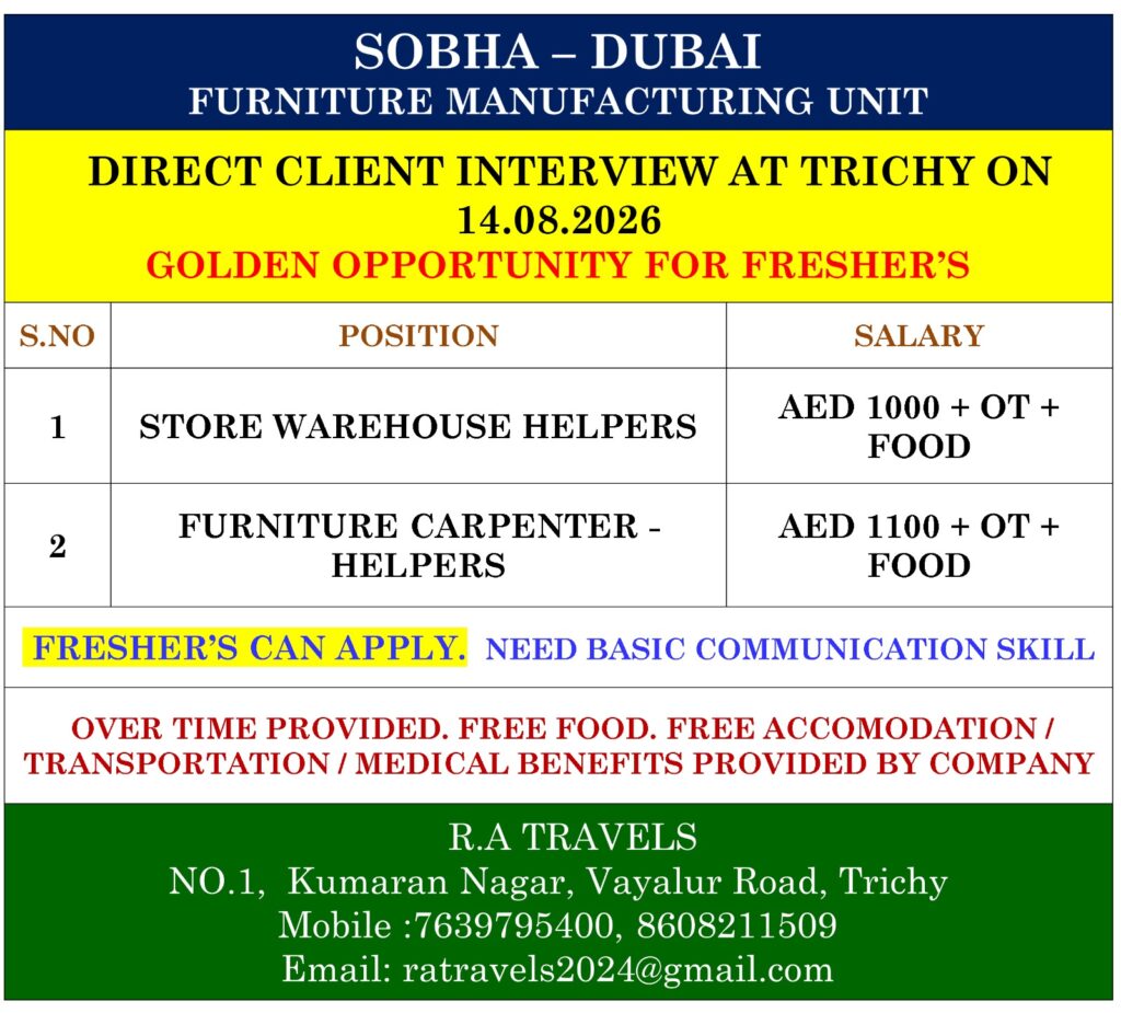 Dubai Jobs for Freshers | Store Helper & Carpenter Helper