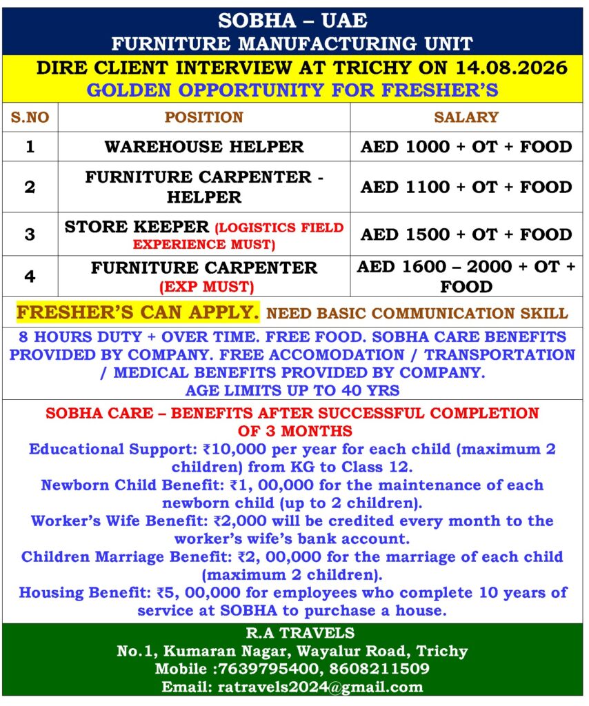 SOBHA UAE Jobs 2026 | Warehouse & Carpenter Vacancies