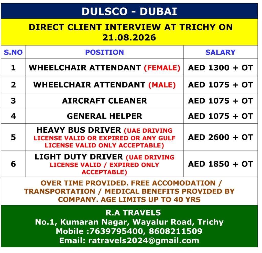 DULSCO Dubai Jobs | Direct Client Interview in Trichy