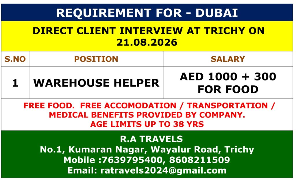 Dubai Warehouse Helper Jobs | AED 1000 + Food Allowance