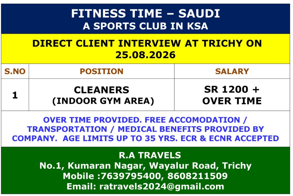 Saudi Arabia Cleaner Jobs 2026 – Fitness Time KSA