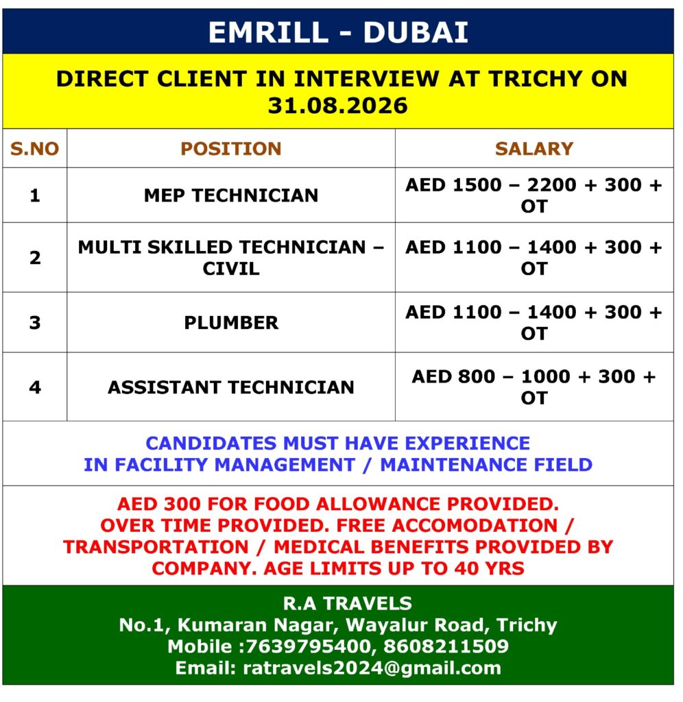 Dubai Jobs 2026 | Emrill MEP & Technician Jobs