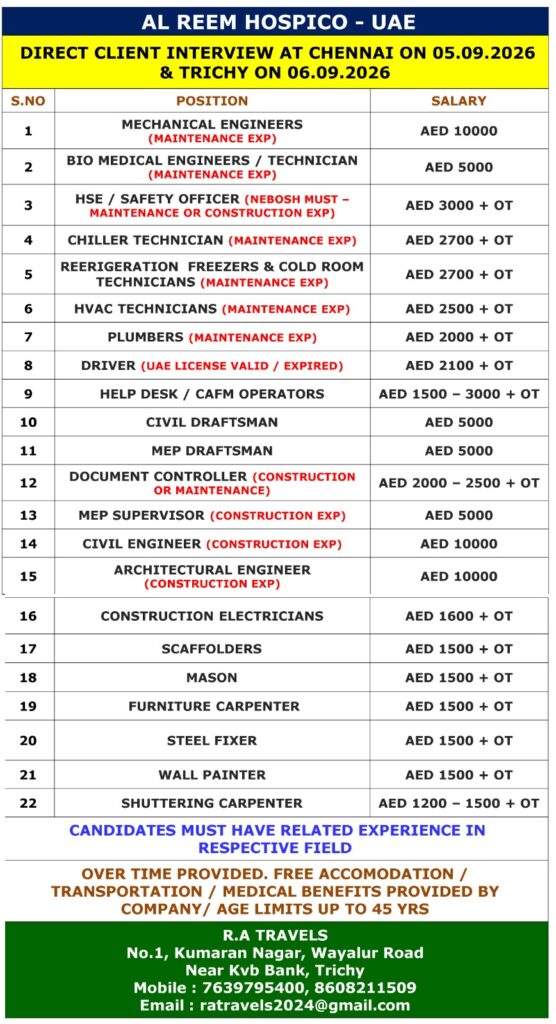 Al Reem Hospico UAE Jobs | 22 Vacancies | Chennai & Trichy