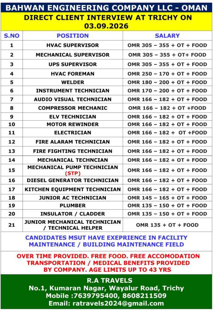 Bahwan Engineering Oman Jobs | 21 Vacancies | Trichy Interview